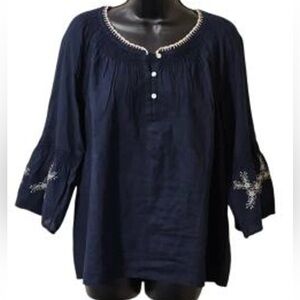 J. JILL Women’s Navy Blue 3/4 S Embroidered Accents Cotton Blouse Size XL